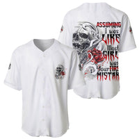 White baseball jersey shown front and back, featuring skull, rose, and distressed lettering