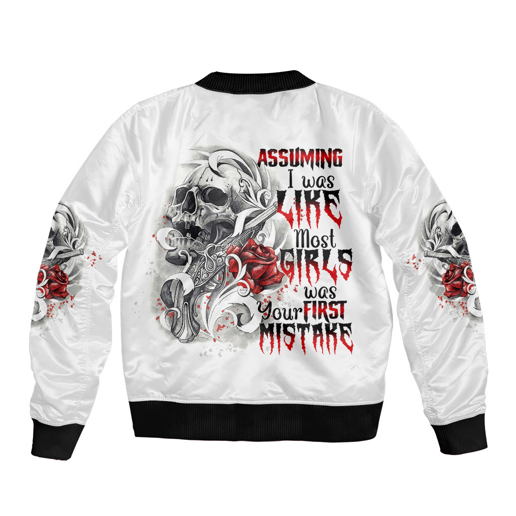 White bomber jacket with multicolor skull graphic on back, ribbed black collar and cuffs