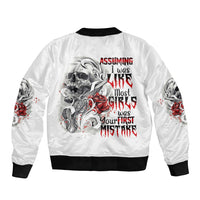 White bomber jacket with multicolor skull graphic on back, ribbed black collar and cuffs