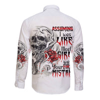 Unisex white long-sleeve button shirt with back skull, roses, and ornate multicolor graphic
