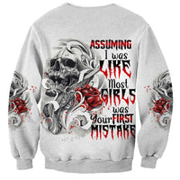 Unisex gray sweatshirt with large multicolor skull and rose graphic on back
