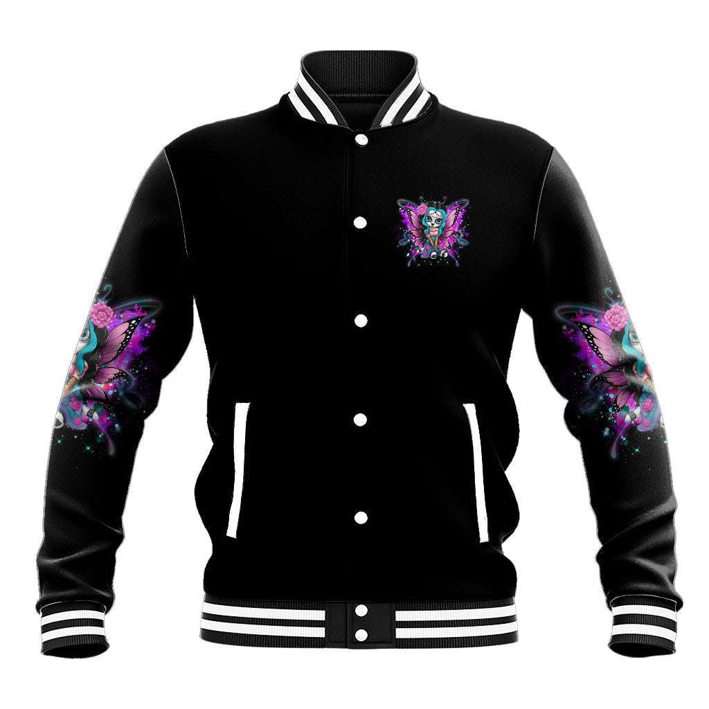 Black baseball jacket with multicolor fairy sugar skull chest graphic, snap-button front