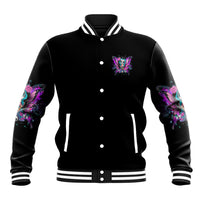 Black baseball jacket with multicolor fairy sugar skull chest graphic, snap-button front
