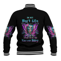 Black baseball jacket with multicolor fairy sugar skull graphic and back text, ribbed cuffs