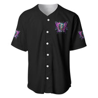 Black baseball jersey with button front, V-neck, and small multicolor fairy skull emblem