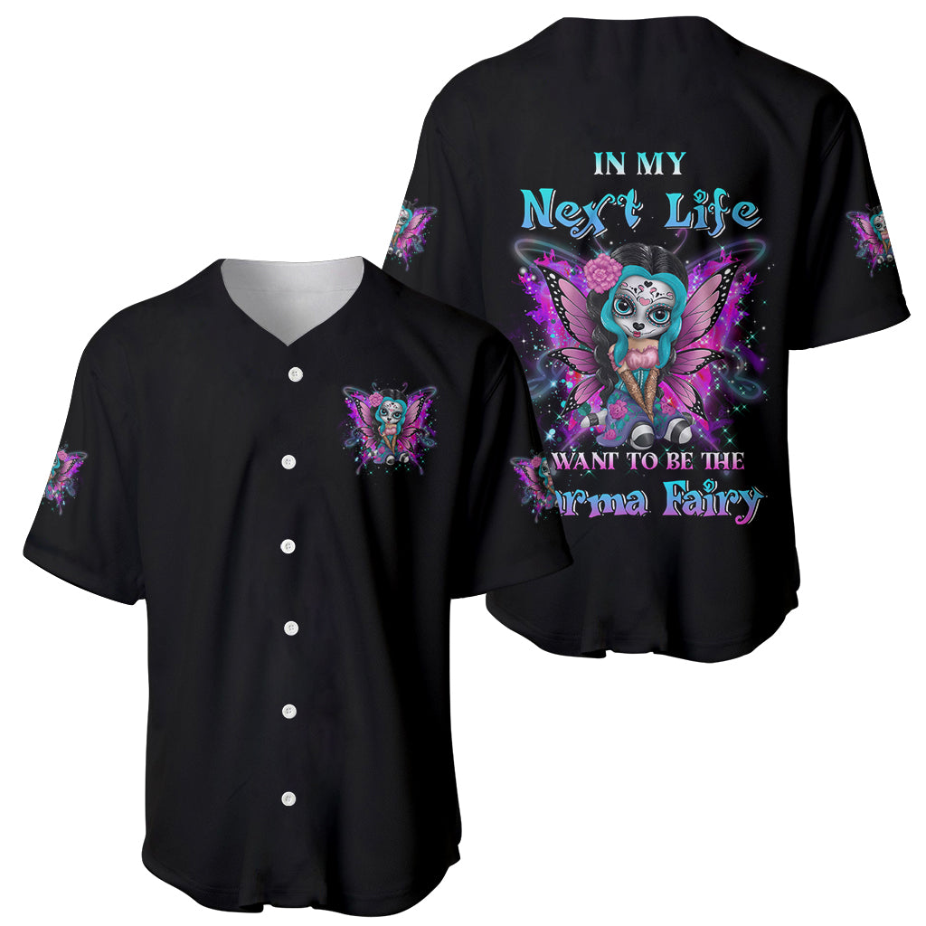 Black baseball jerseys shown front and back with multicolor fairy skull artwork