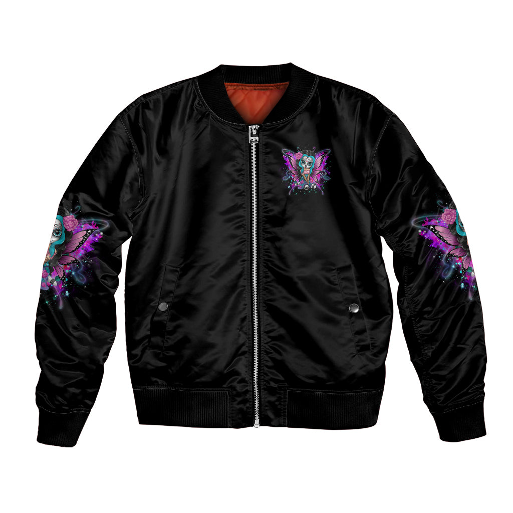 Black unisex bomber jacket, front zip, multicolor fairy print and ribbed hem
