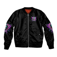 Black unisex bomber jacket, front zip, multicolor fairy print and ribbed hem