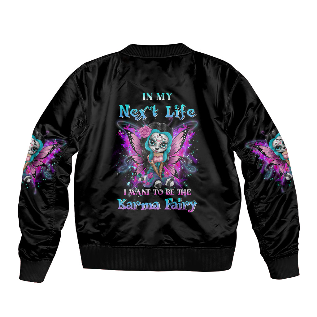 Black unisex bomber jacket with multicolor fairy graphic and ribbed cuffs, back design