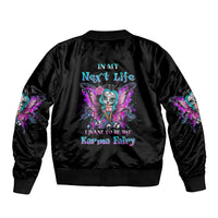 Black unisex bomber jacket with multicolor fairy graphic and ribbed cuffs, back design