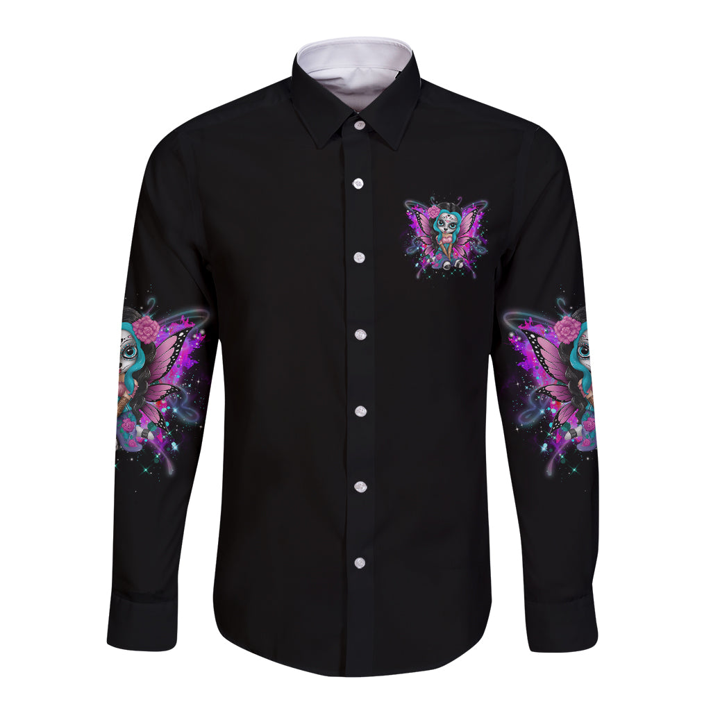 Black long-sleeve button shirt with small chest fairy sugar skull print and sleeve art