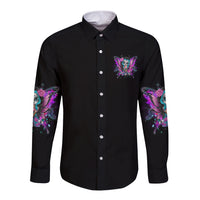 Black long-sleeve button shirt with small chest fairy sugar skull print and sleeve art