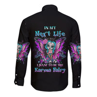 Black long-sleeve button shirt with multicolor fairy sugar skull back graphic