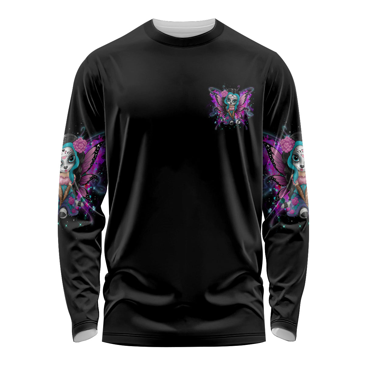 Black long-sleeve shirt with small chest fairy-sugar skull graphic and sleeve side artwork