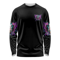 Black long-sleeve shirt with small chest fairy-sugar skull graphic and sleeve side artwork