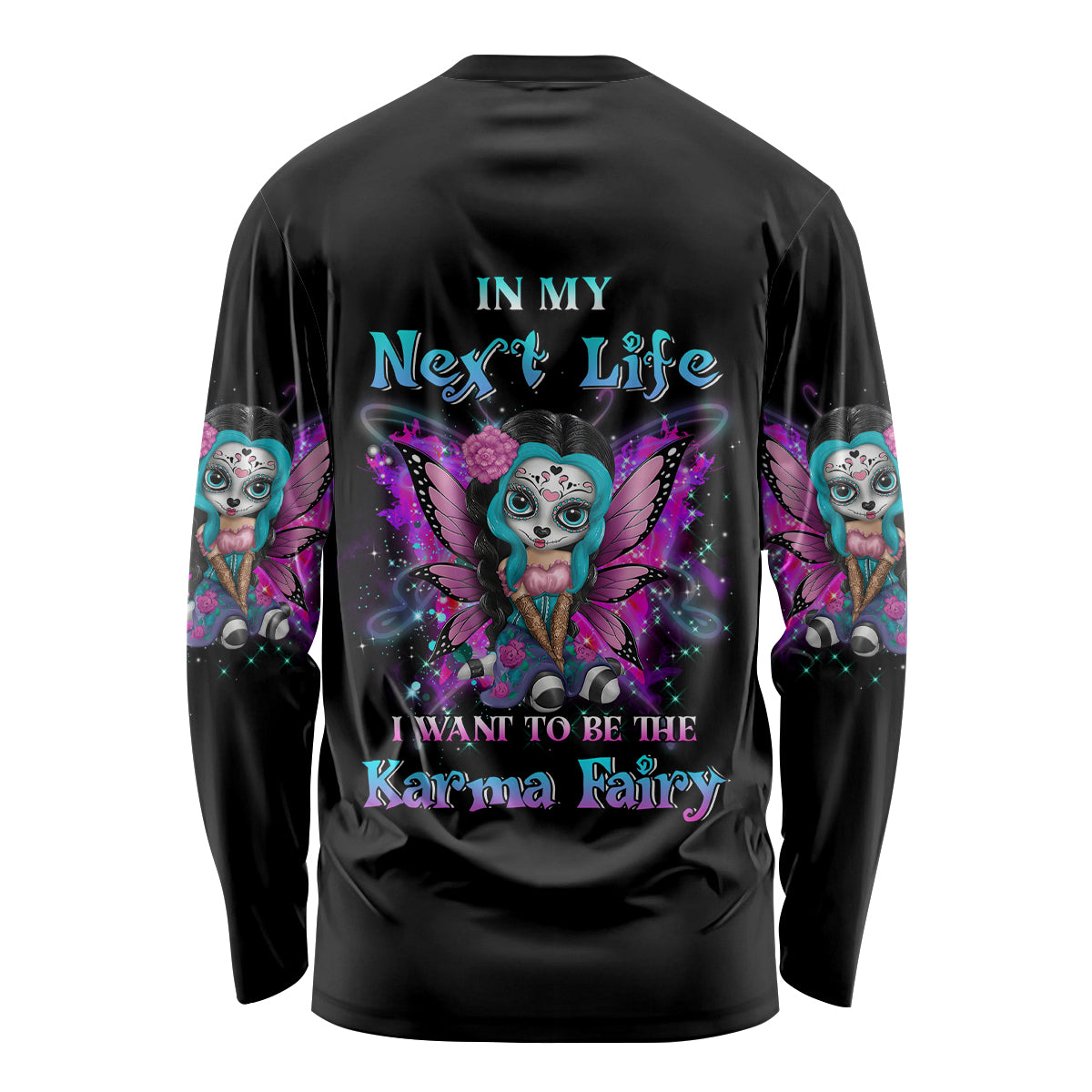 Black long-sleeve shirt with back graphic of winged sugar skull fairy in purple and teal