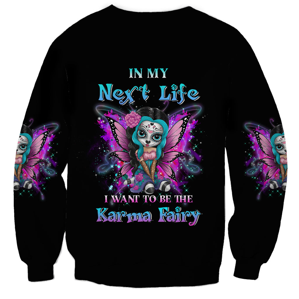 Unisex black crewneck sweatshirt with colorful fairy sugar skull graphic and text