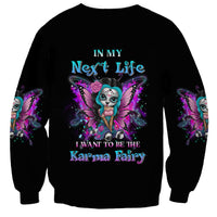 Unisex black crewneck sweatshirt with colorful fairy sugar skull graphic and text