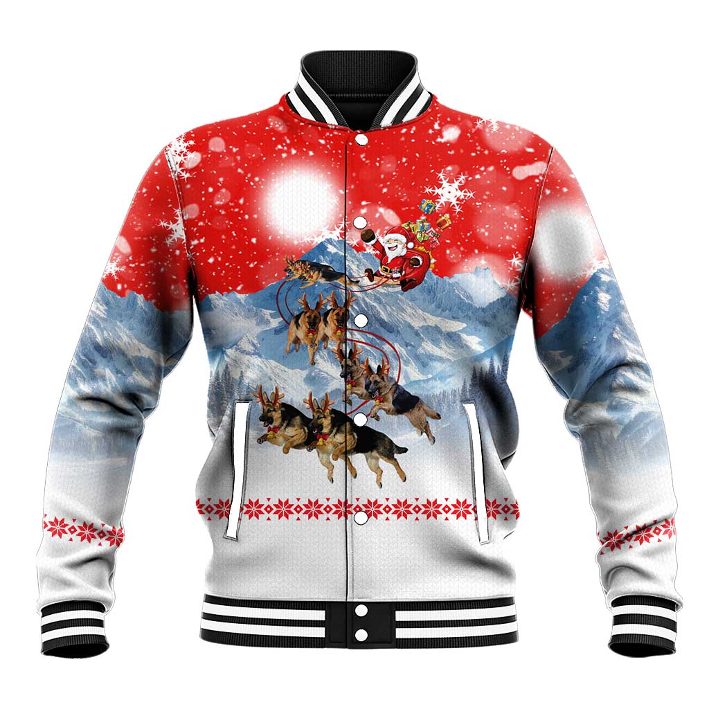 German Shepherd Christmas Baseball Jacket with Santa Sleigh Ride and Snowy Mountain Design - Wonder Print Shop