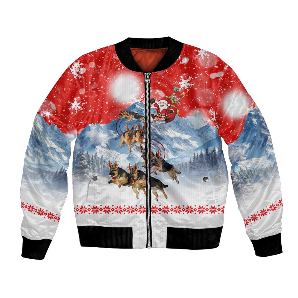 German Shepherd Christmas Bomber Jacket with Santa Sleigh Ride and Snowy Mountain Design - Wonder Print Shop