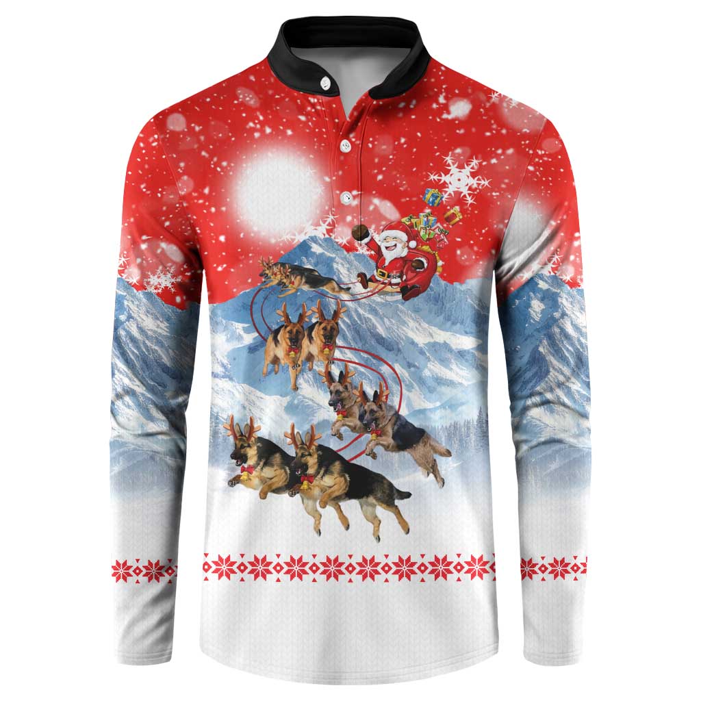 German Shepherd Christmas Button Sweatshirt with Santa Sleigh Ride and Snowy Mountain Design - Wonder Print Shop