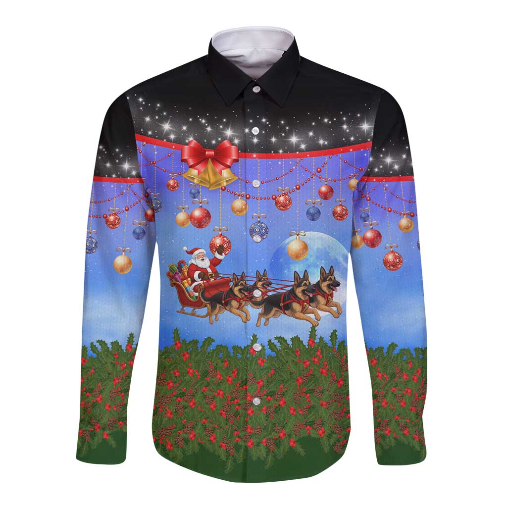 German Shepherd Christmas Long Sleeve Button Shirt with Santa Sleigh and Holiday Ornament Design - Wonder Print Shop