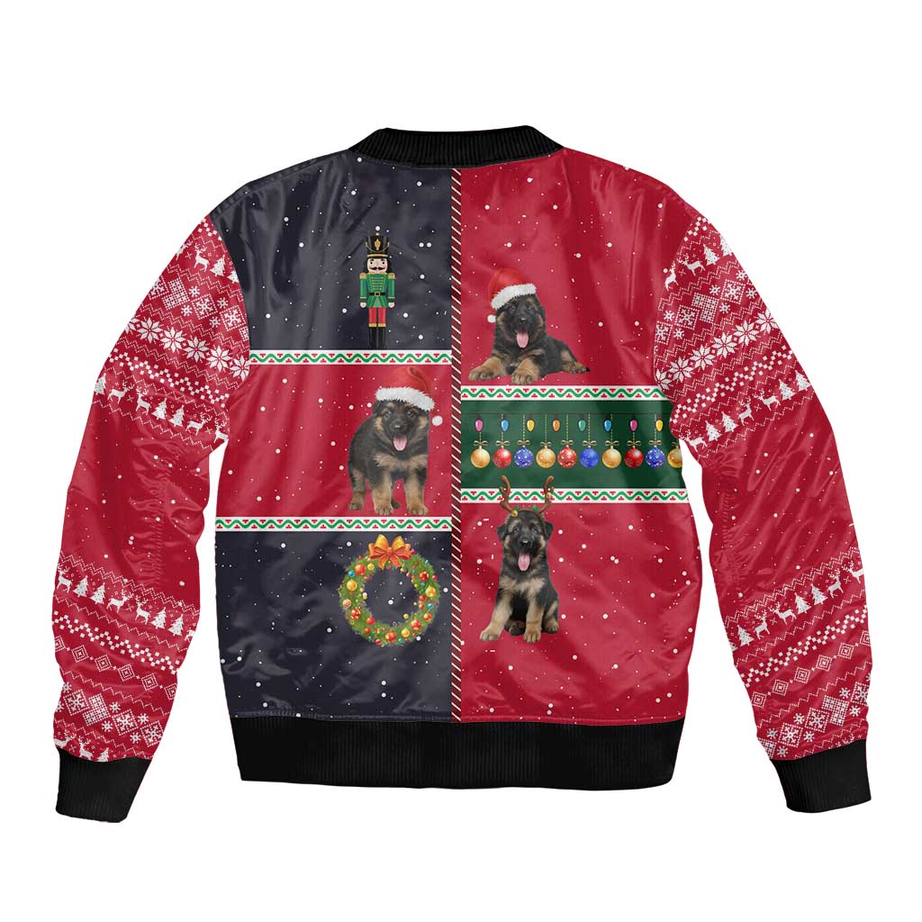 German Shepherd Puppy Christmas Bomber Jacket with Ornaments Wreath and Nutcracker Design - Wonder Print Shop