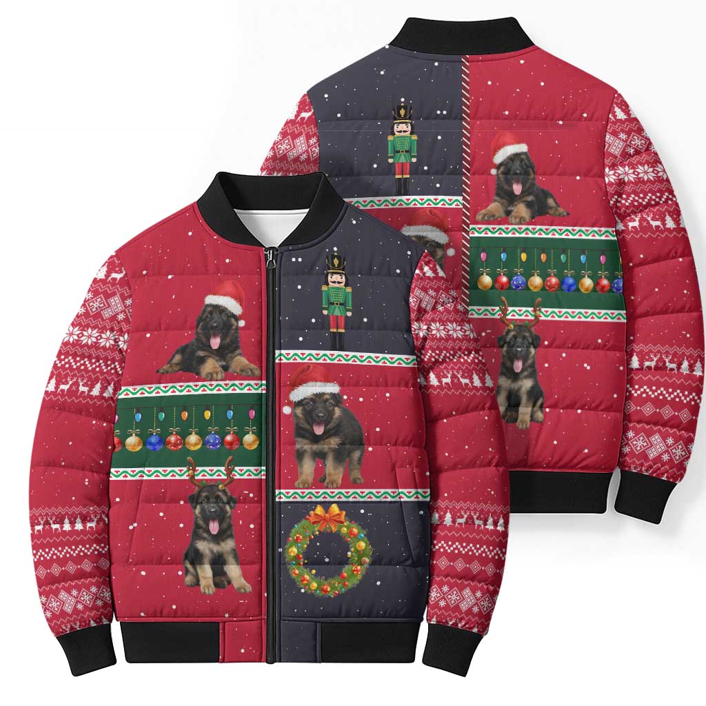 German Shepherd Puppy Christmas Bomber Puffer Jacket with Ornaments Wreath and Nutcracker Design - Wonder Print Shop