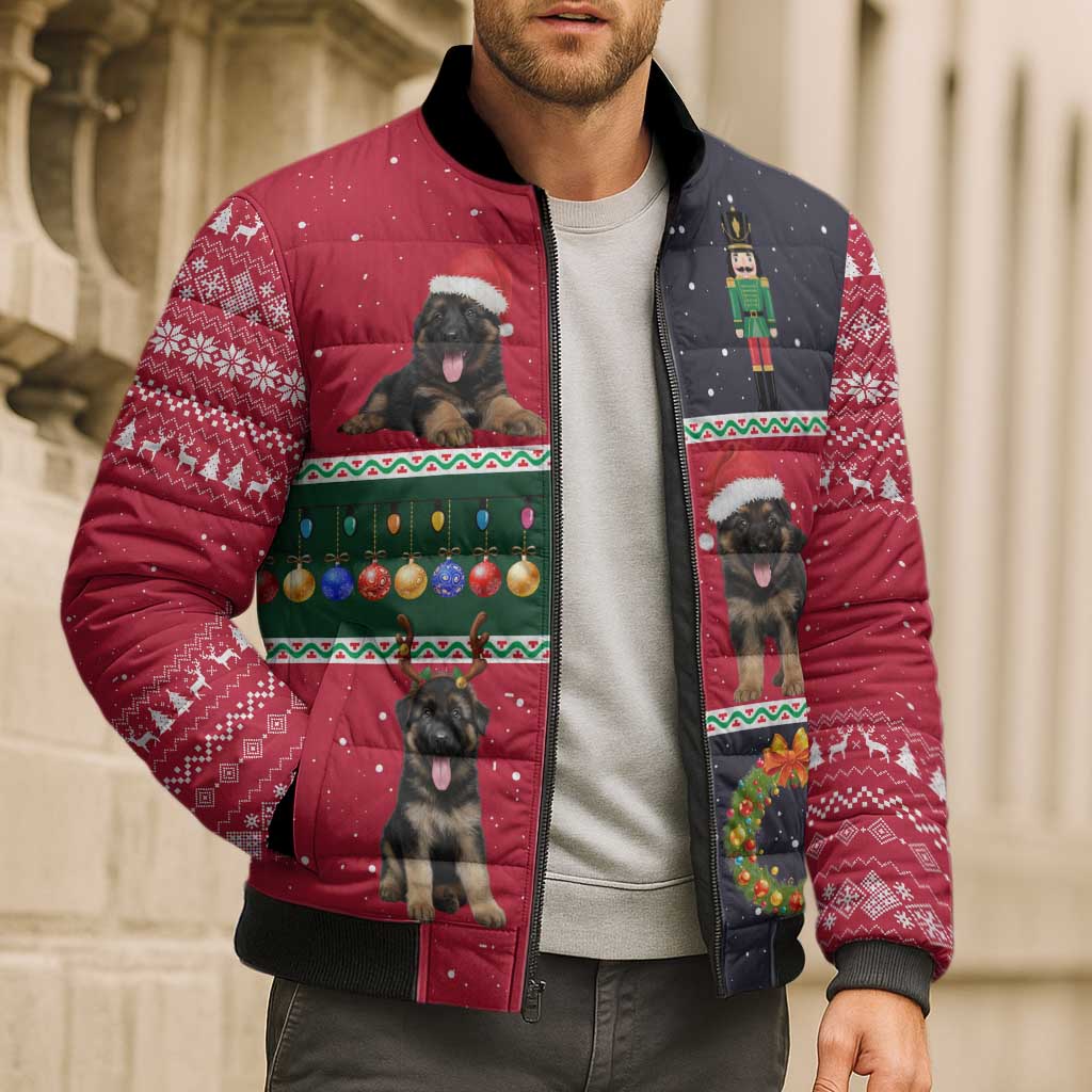 German Shepherd Puppy Christmas Bomber Puffer Jacket with Ornaments Wreath and Nutcracker Design - Wonder Print Shop