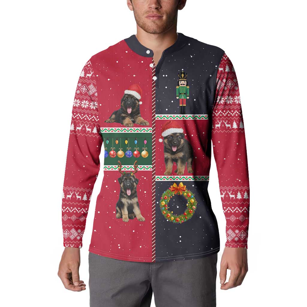 German Shepherd Puppy Christmas Button Sweatshirt with Ornaments Wreath and Nutcracker Design - Wonder Print Shop