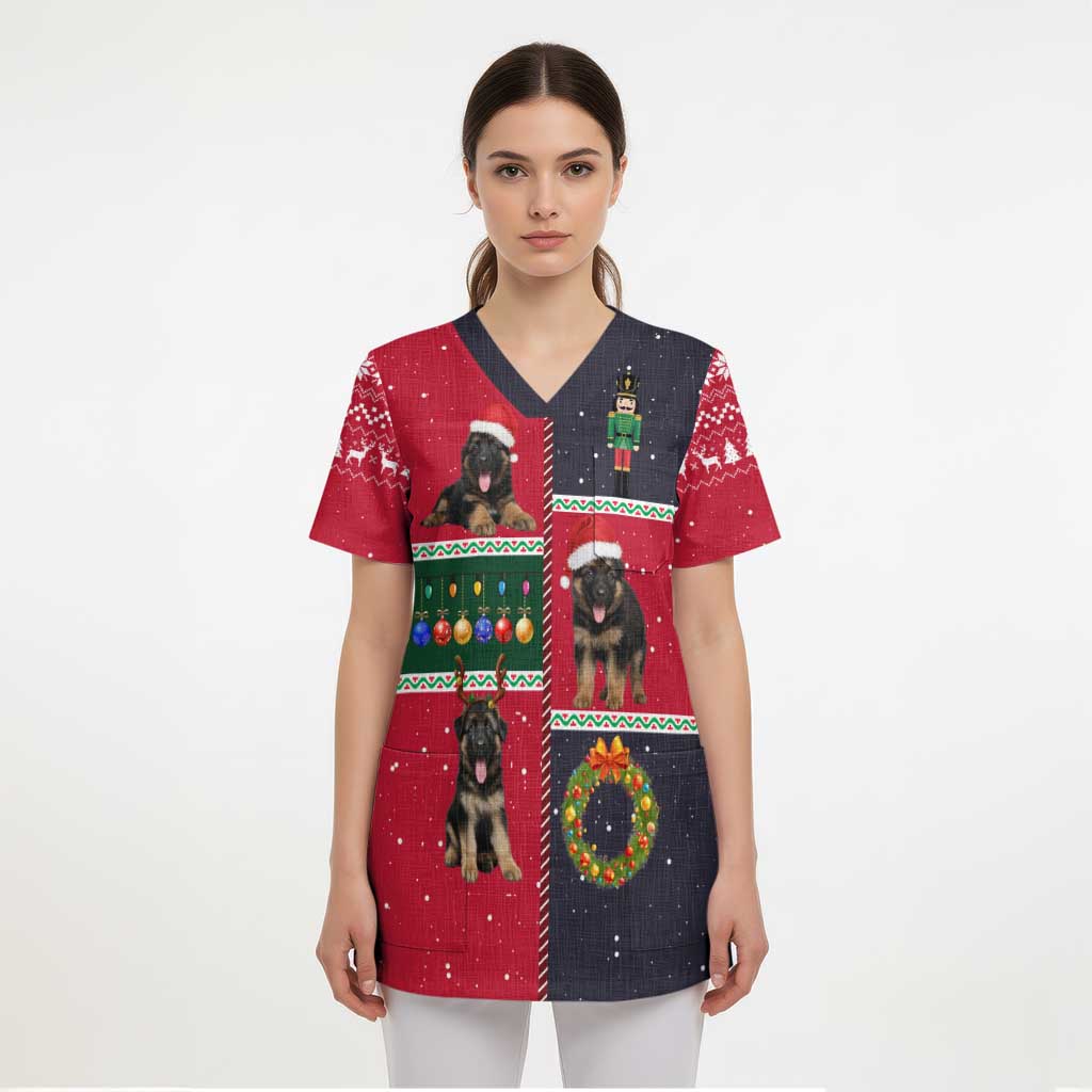 German Shepherd Puppy Christmas Scrub Top with Ornaments Wreath and Nutcracker Design - Wonder Print Shop