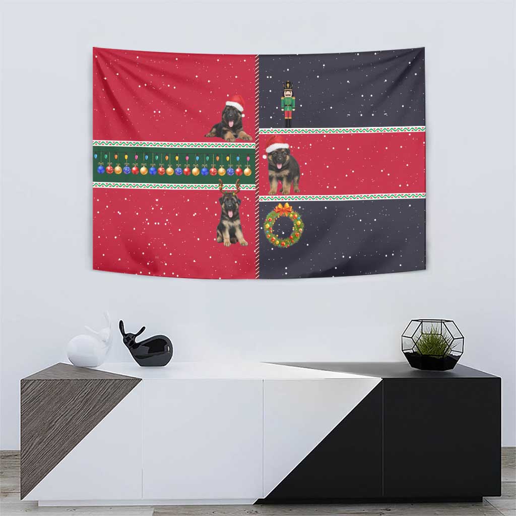 German Shepherd Puppy Christmas Tapestry with Ornaments Wreath and Nutcracker Design - Wonder Print Shop