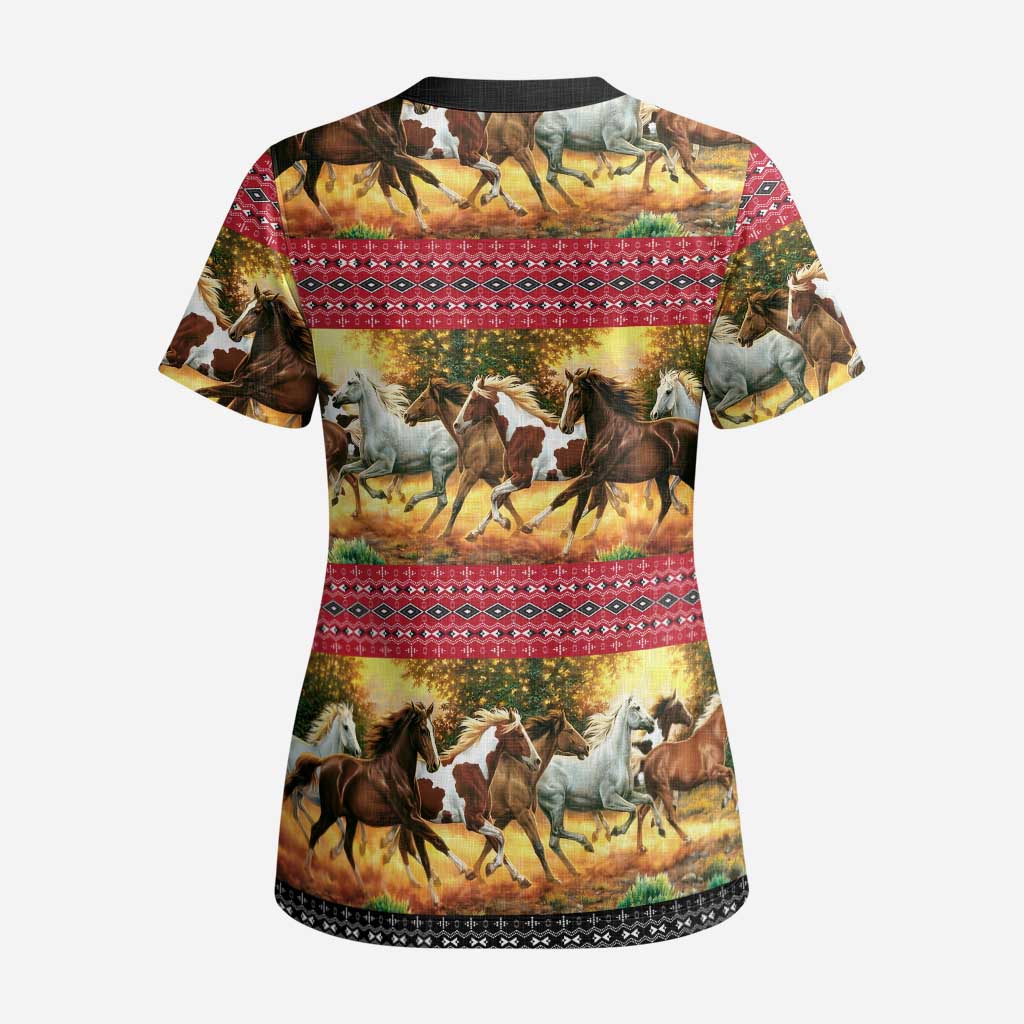 Horse Native American Pattern Christmas Christmas Scrub Top Xmas Holiday Patterns - undefined