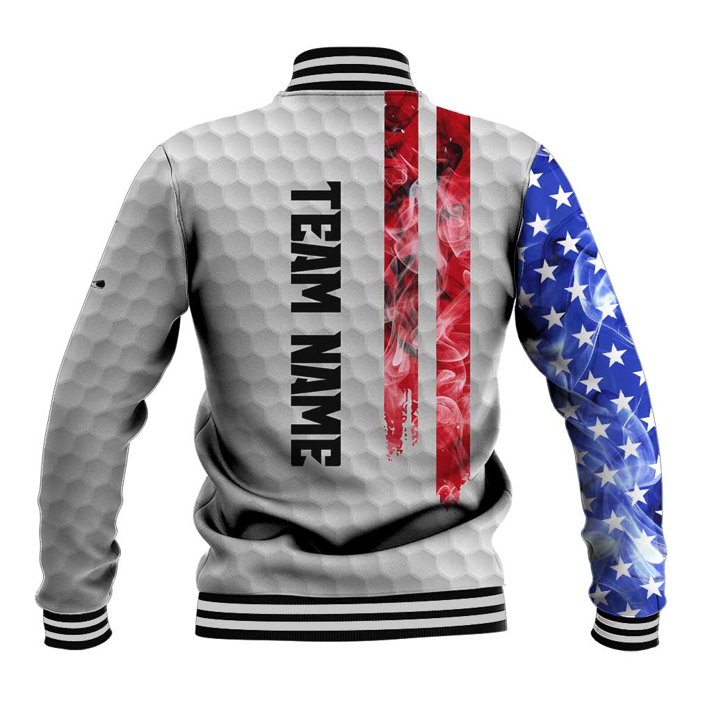 Custom Golf Ball and Clubs Baseball Jacket with American Flag Smoke Effect and Hexagon Pattern - Wonder Print Shop