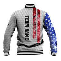Custom Golf Ball and Clubs Baseball Jacket with American Flag Smoke Effect and Hexagon Pattern - Wonder Print Shop
