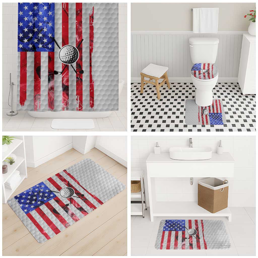 Golf Ball and Clubs Bathroom Set with American Flag Smoke Effect and Hexagon Pattern - Wonder Print Shop
