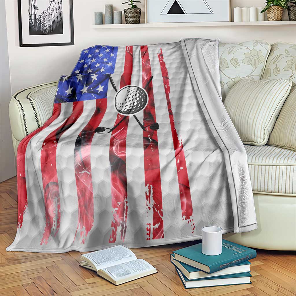 Golf Ball and Clubs Blanket with American Flag Smoke Effect and Hexagon Pattern - Wonder Print Shop