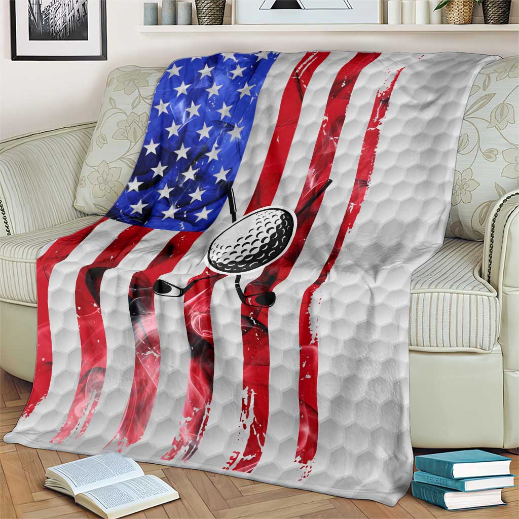 Golf Ball and Clubs Blanket with American Flag Smoke Effect and Hexagon Pattern - Wonder Print Shop