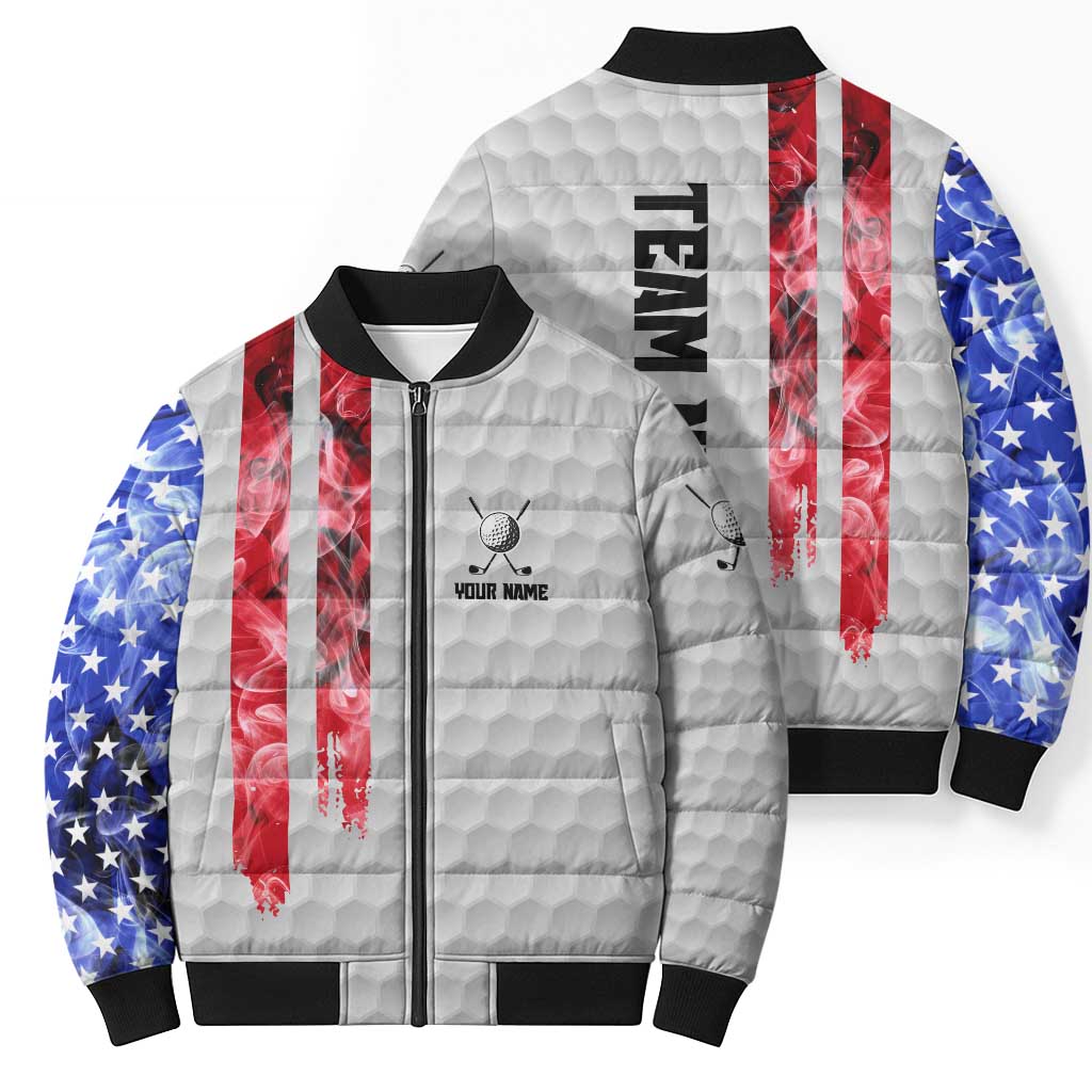 Custom Golf Ball and Clubs Bomber Puffer Jacket with American Flag Smoke Effect and Hexagon Pattern - Wonder Print Shop