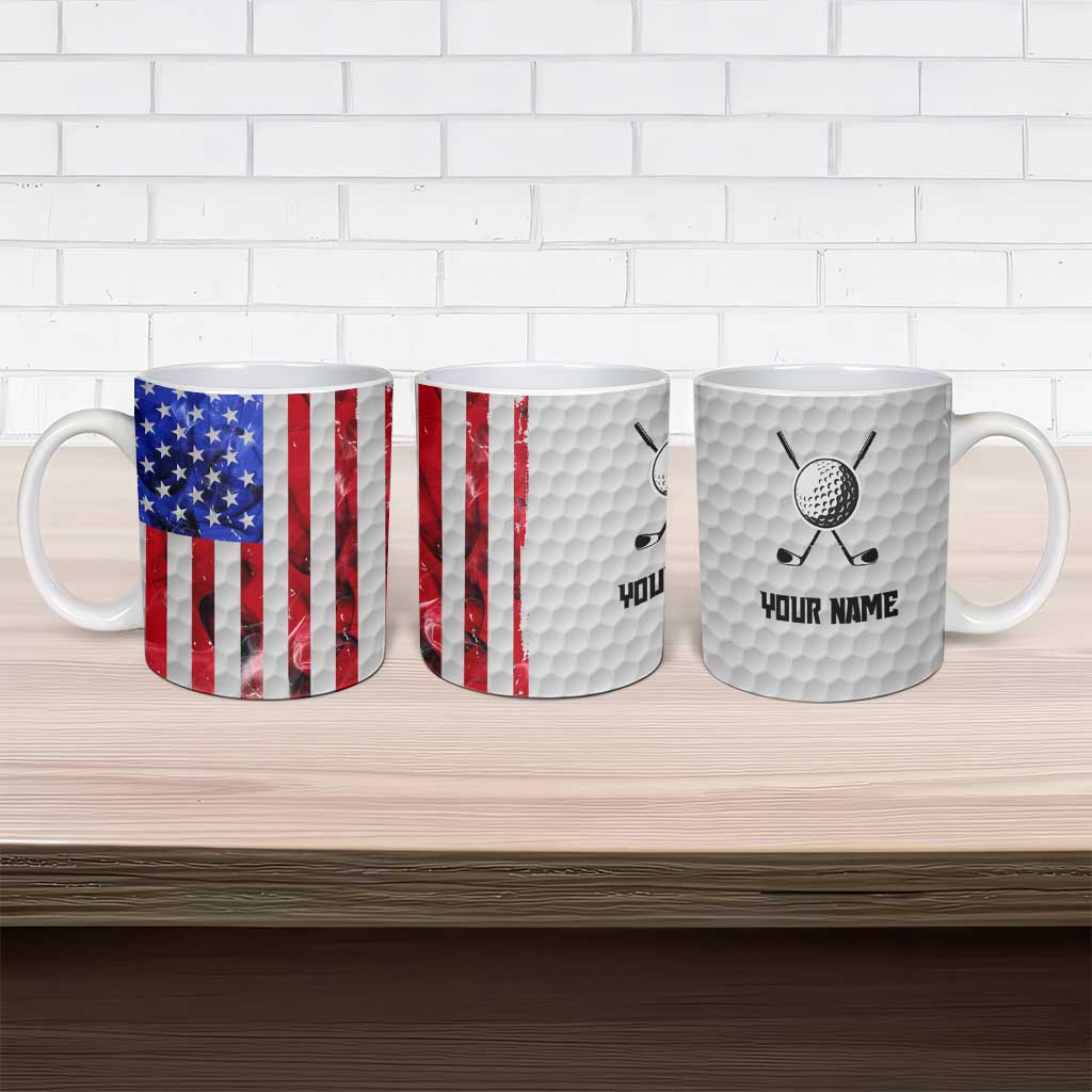 Custom Golf Ball and Clubs Ceramic Mug with American Flag Smoke Effect and Hexagon Pattern - Wonder Print Shop