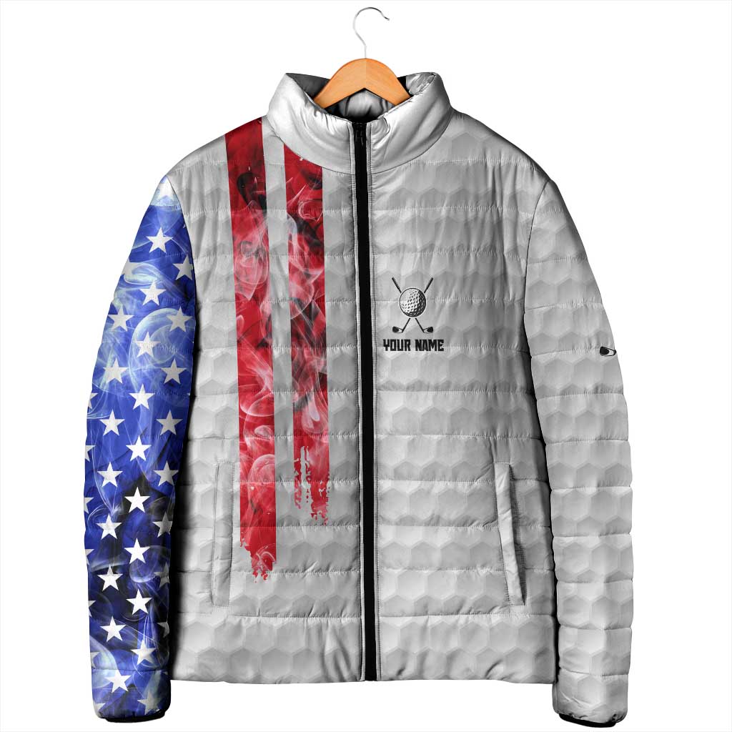 Custom Golf Ball and Clubs Padded Jacket with American Flag Smoke Effect and Hexagon Pattern - Wonder Print Shop