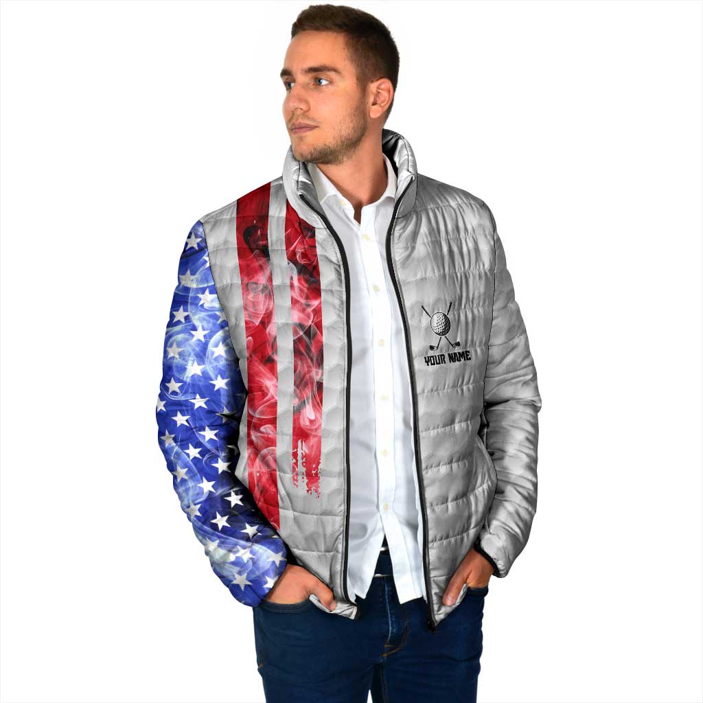 Custom Golf Ball and Clubs Padded Jacket with American Flag Smoke Effect and Hexagon Pattern - Wonder Print Shop