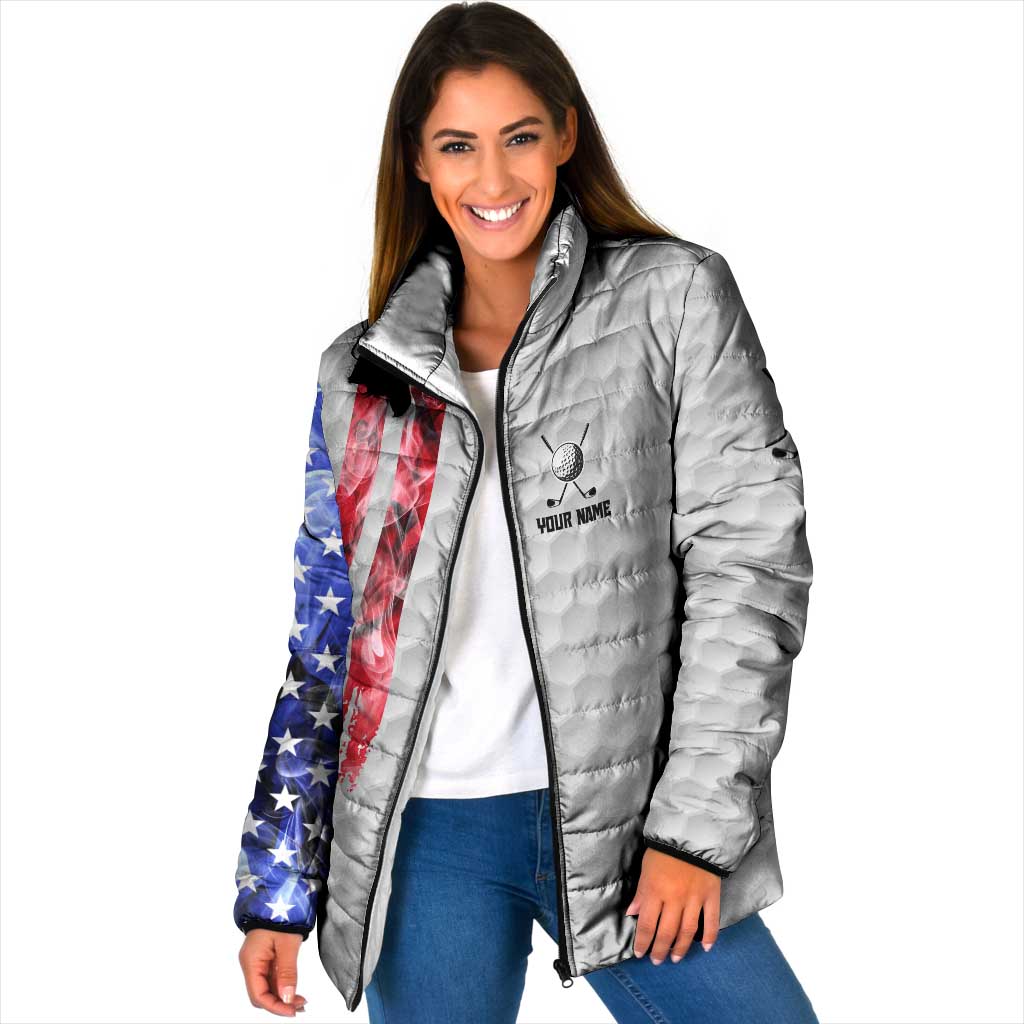 Custom Golf Ball and Clubs Padded Jacket with American Flag Smoke Effect and Hexagon Pattern - Wonder Print Shop
