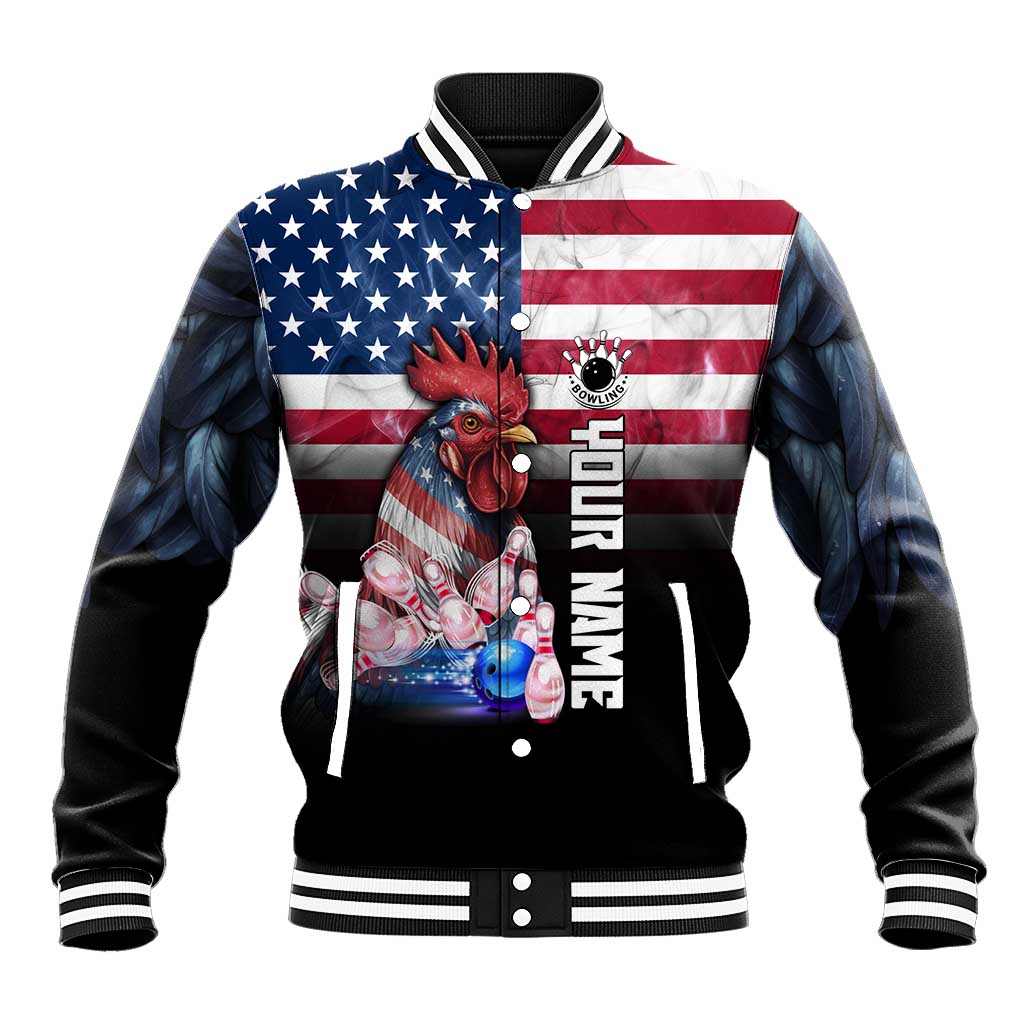 Custom Bowling Rooster Baseball Jacket with Striking Pins and American Flag Feather Pattern - Wonder Print Shop