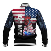 Custom Bowling Rooster Baseball Jacket with Striking Pins and American Flag Feather Pattern - Wonder Print Shop