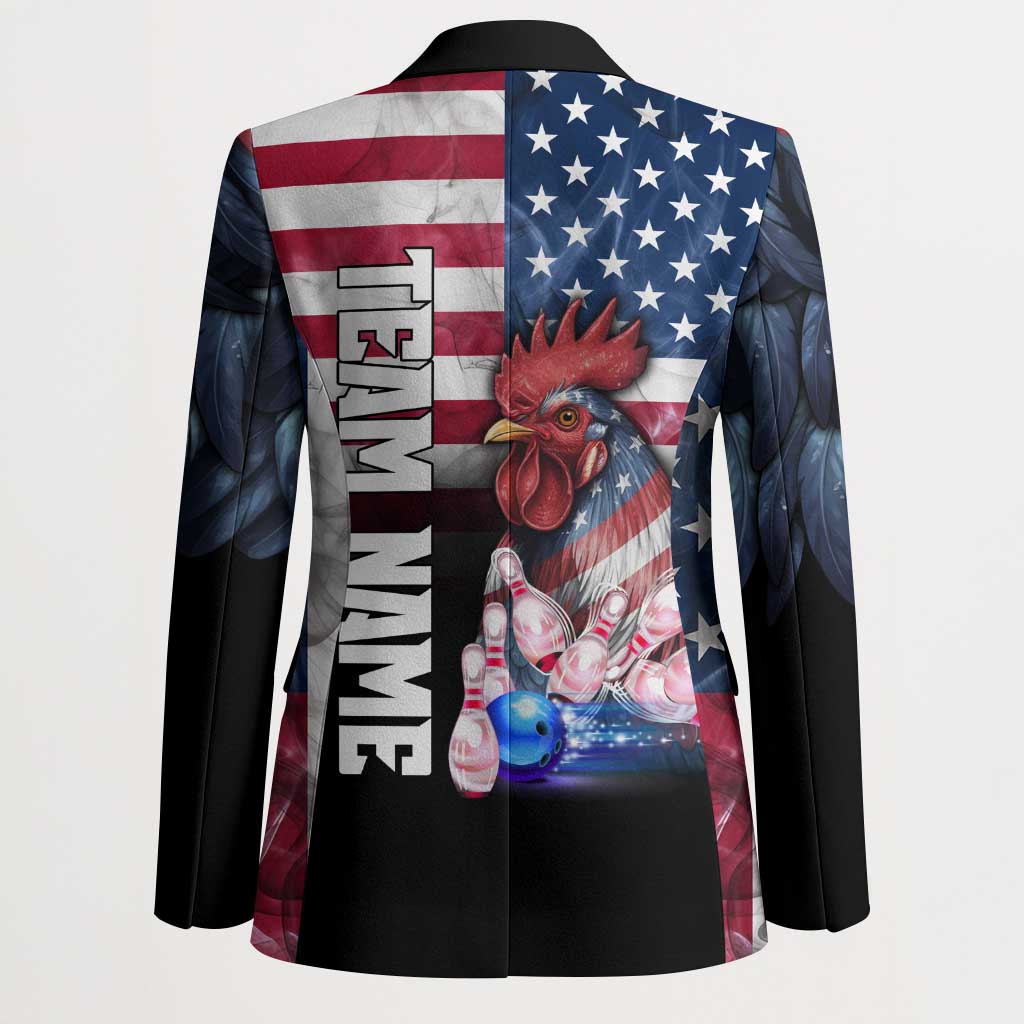 Custom Bowling Rooster Blazer with Striking Pins and American Flag Feather Pattern - Wonder Print Shop