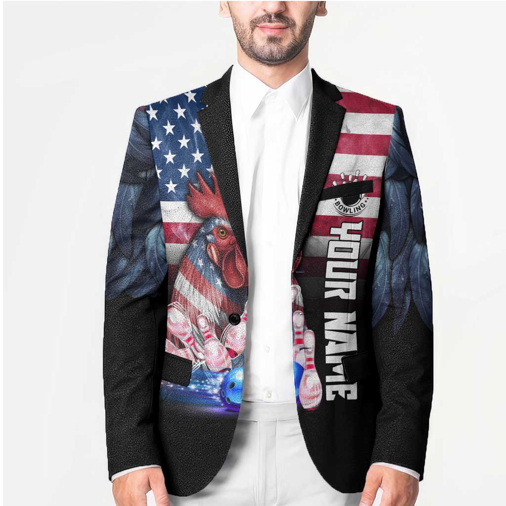 Custom Bowling Rooster Blazer with Striking Pins and American Flag Feather Pattern - Wonder Print Shop