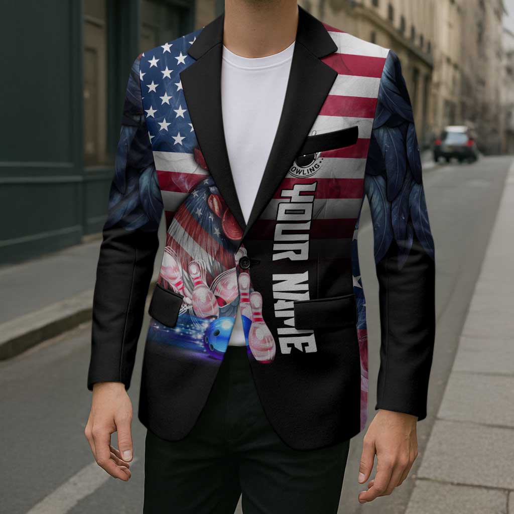 Custom Bowling Rooster Blazer with Striking Pins and American Flag Feather Pattern - Wonder Print Shop