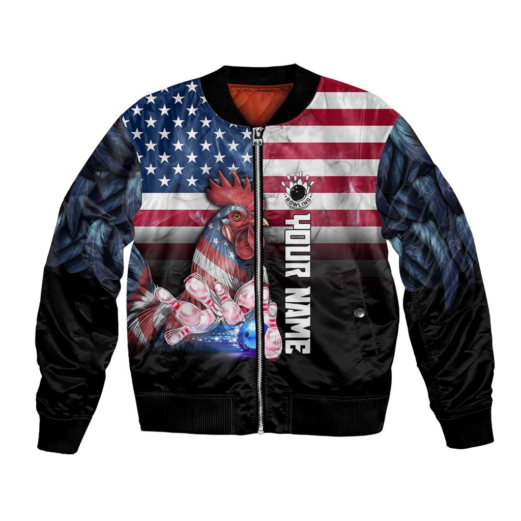 Custom Bowling Rooster Bomber Jacket with Striking Pins and American Flag Feather Pattern - Wonder Print Shop