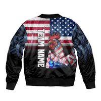 Custom Bowling Rooster Bomber Jacket with Striking Pins and American Flag Feather Pattern - Wonder Print Shop